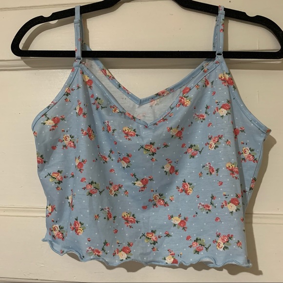 Blue Ditsy Floral Print Lettuce-Edge Cropped Cami Top NWOT - Picture 2 of 7